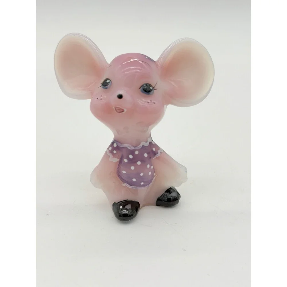 Fenton Art Glass Rosalene Purple Polka Dot Dress Hand Painted Mouse Figurine